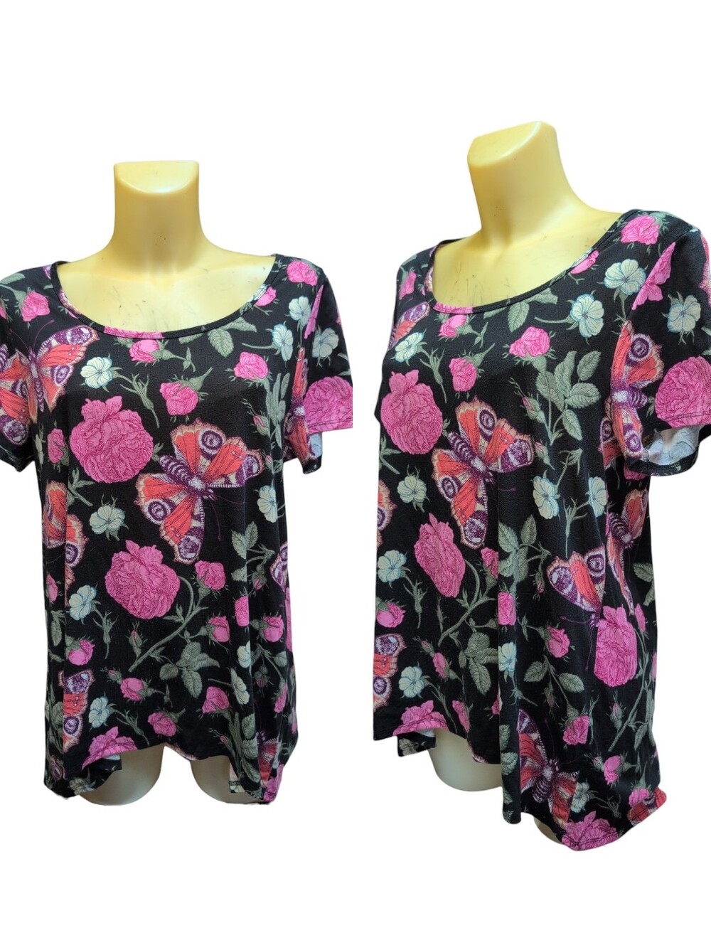 LULAROE Black Pink Green Floral Butterfly Classic T